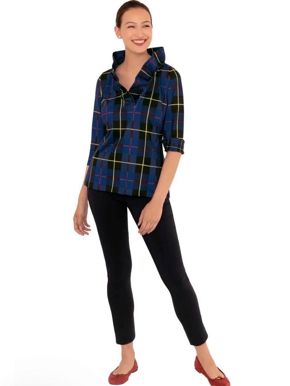 Gretchen Scott Blue Plaid Ruffle
Neck Top Sz. M